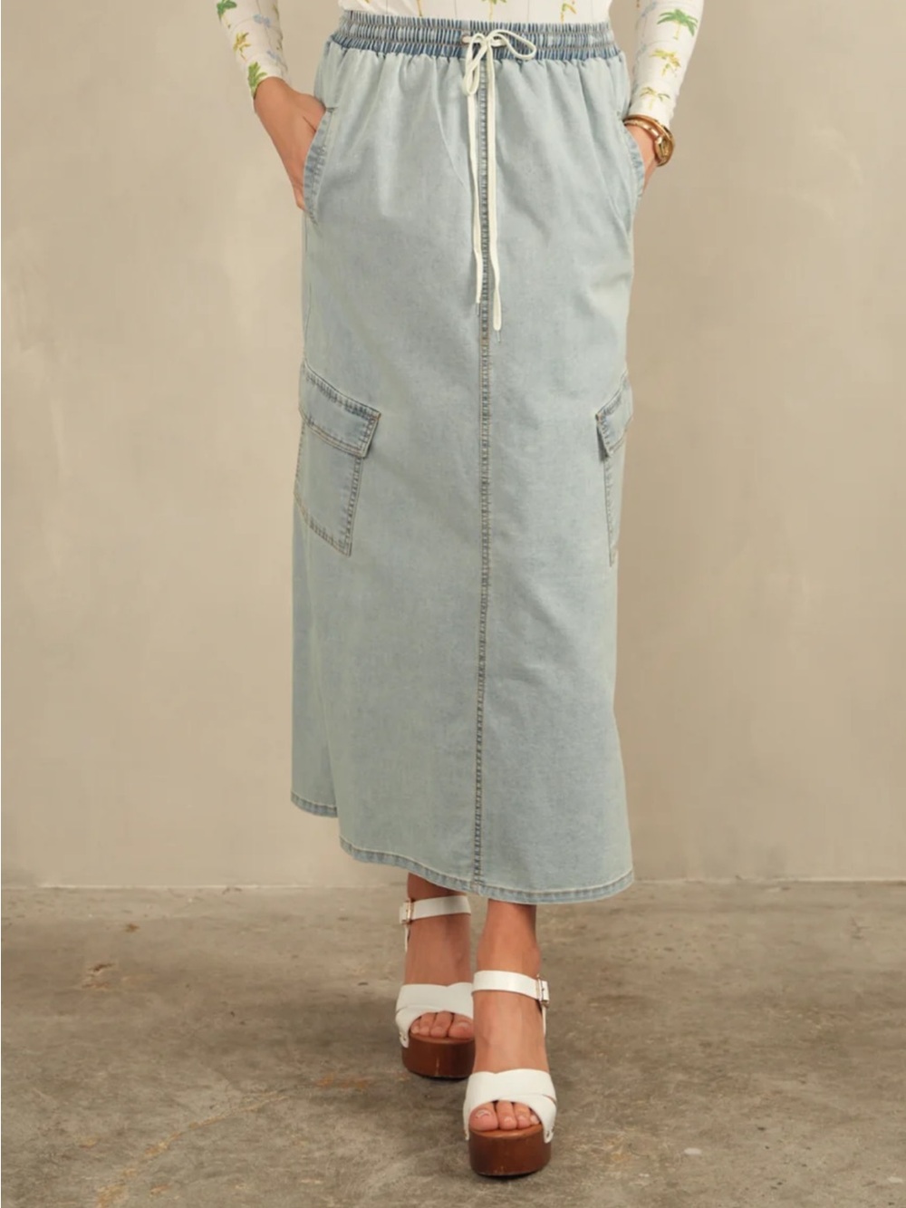 Light Wash Denim Maxi Skirt with Drawstring Waist